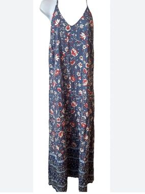 Old Navy Blue Floral Slip Maxi Dress with Red and White Blooms